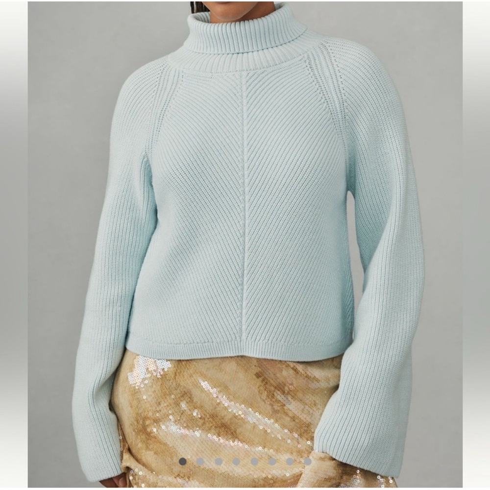 Anthropologie Meave Cropped Knit Turtleneck Sweater Baby Blue MED Cotton Wool